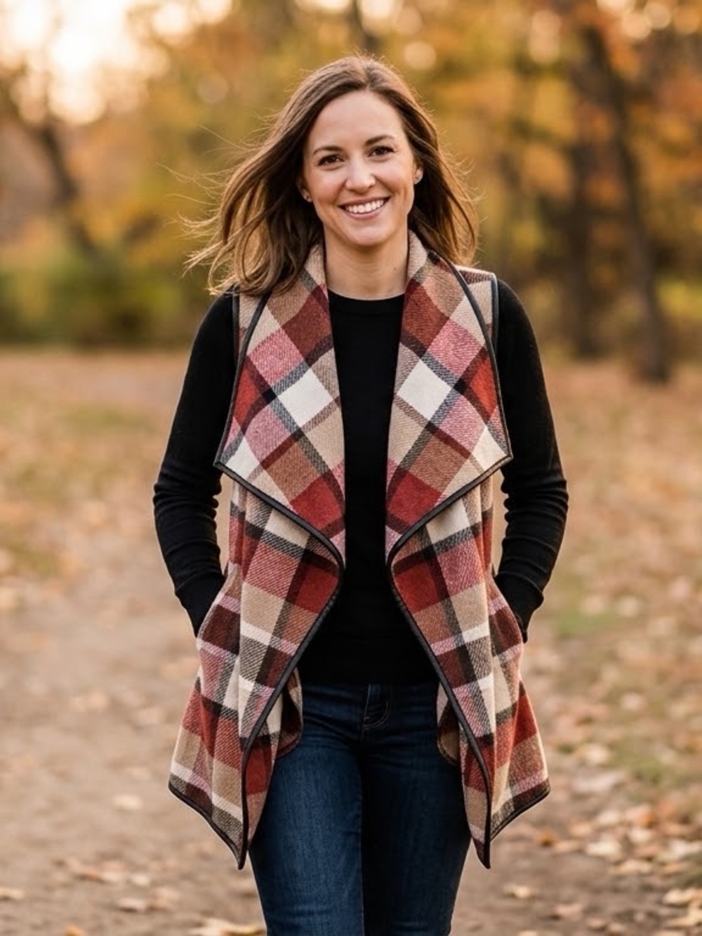 Red Plaid Draped Open Front Waterfall Vest with Pockets 3XL